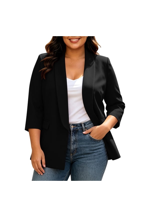 Womens Solid Color Casual Plus Size Blazers Open Front Lapel Long Sleeve Commute Suit Jacket With Padded Shoulder Straps