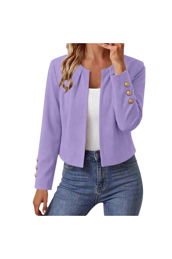Womens Solid Color Casual Short Cardigan Open Front Crew Neck Long Sleeve Blazer Jacket with Button
