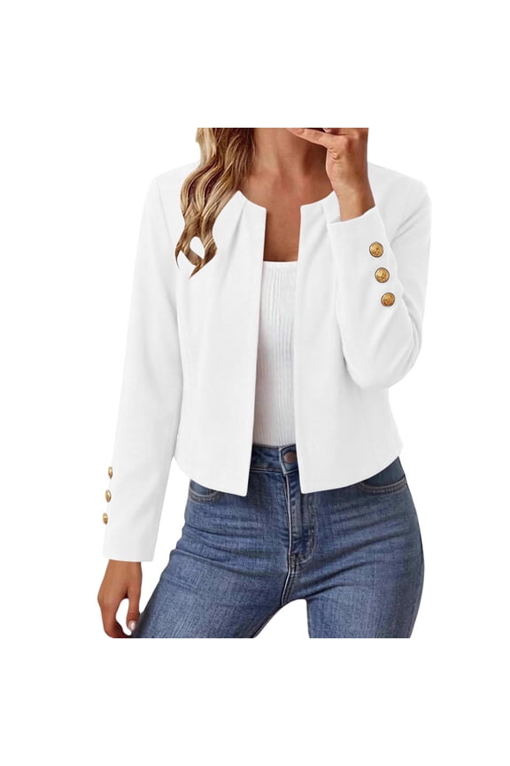 Womens Solid Color Casual Short Cardigan Open Front Crew Neck Long Sleeve Blazer Jacket with Button