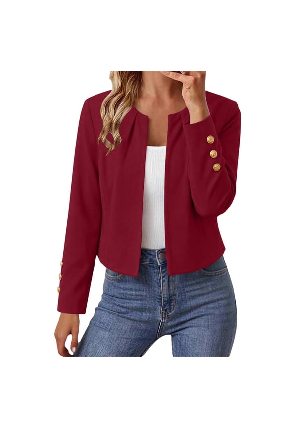 Womens Solid Color Casual Short Cardigan Open Front Crew Neck Long Sleeve Blazer Jacket with Button