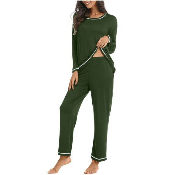 Fmbrln Womens Solid Color Pajama Sets Lounge Sets Long Sleeve Tops and Pants Soft Comfy Sleepwear with Pockets Green S