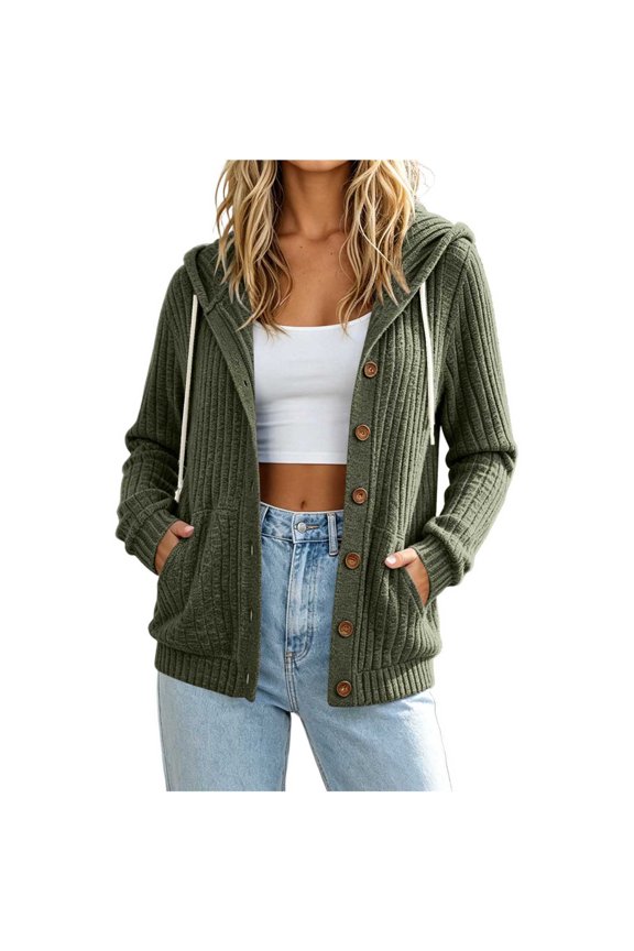 Womens Solid Color Ribbed Hooded Cardigan Long Sleeve Drawstring Button Down Sweater Winter Casual Loose Coats with Pockets