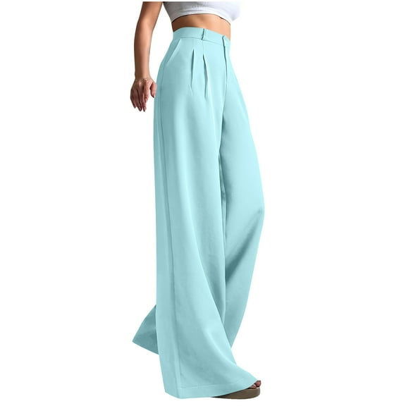 Fmbrln Womens Solid Commuting Suit Pants Casual Button High Waist Office Business Work Pants Lounge Straight Wide Leg Pants Sky Blue XL