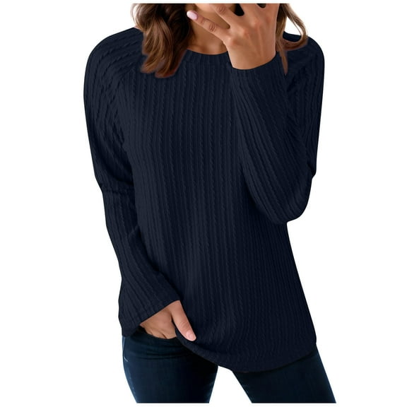 Fmbrln Womens Solid Sweaters Long Sleeve Crew Neck Sweaters Tops Casual Dressy Blouse Fall Winter Fashion Clothes Navy L