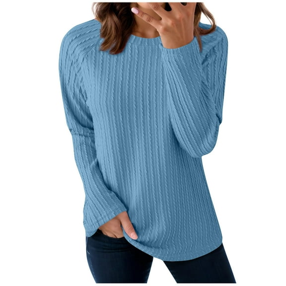 Fmbrln Womens Solid Sweaters Long Sleeve Crew Neck Sweaters Tops Casual Dressy Blouse Fall Winter Fashion Clothes Sky Blue M