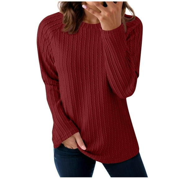 Fmbrln Womens Solid Sweaters Long Sleeve Crew Neck Sweaters Tops Casual Dressy Blouse Fall Winter Fashion Clothes Wine 2XL