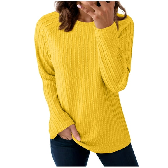Fmbrln Womens Solid Sweaters Long Sleeve Crew Neck Sweaters Tops Casual Dressy Blouse Fall Winter Fashion Clothes Yellow L