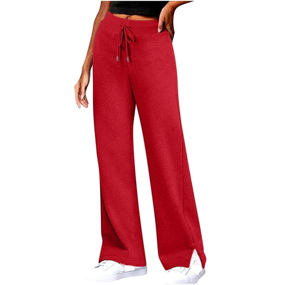Fmbrln Womens Solid Sweatpants Drawstring High Waist Side Slit Wide Leg Pants Loose Comfy Running Athletic Pants Red XL