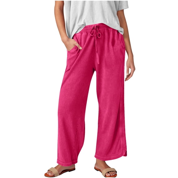 Fmbrln Womens Solid Wide Leg Sweatpants Drawstring Elastic Waist Work Pants Loose Comfy Trousers with Pockets Hot Pink M