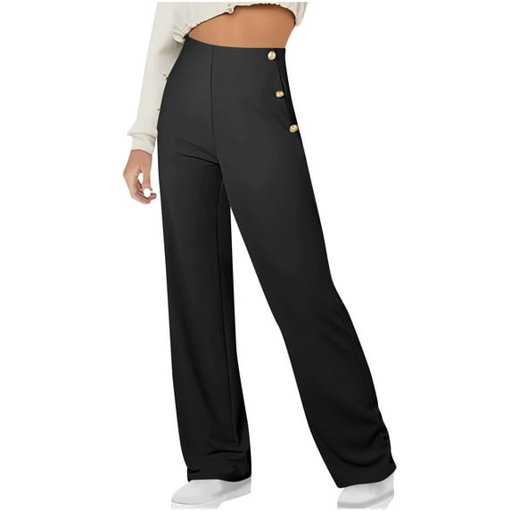 Fmbrln Womens Straight Leg Pants Casual Button Stretchy Waist Office Business Work Pants Dressy Pants Black L
