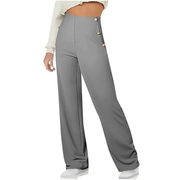 Fmbrln Womens Straight Leg Pants Casual Button Stretchy Waist Office Business Work Pants Dressy Pants Gray M