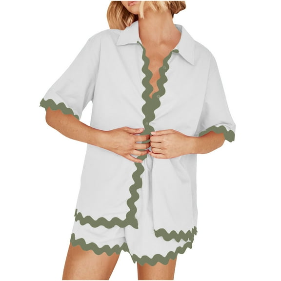 Fmbrln Womens Summer 2 Piece Sets Casual Color Block Turndown Collar Button Short Sleeve Shirts and Elastic Waist Shorts with Pockets Sets Lounge Comfy Vacation Outfits Green XL