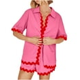 thumbnail image 1 of Fmbrln Womens Summer 2 Piece Sets Casual Color Block Turndown Collar Button Short Sleeve Shirts and Elastic Waist Shorts with Pockets Sets Lounge Comfy Vacation Outfits Hot Pink XL, 1 of 5