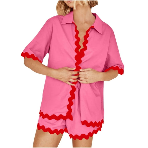 Fmbrln Womens Summer 2 Piece Sets Casual Color Block Turndown Collar Button Short Sleeve Shirts and Elastic Waist Shorts with Pockets Sets Lounge Comfy Vacation Outfits Hot Pink XL