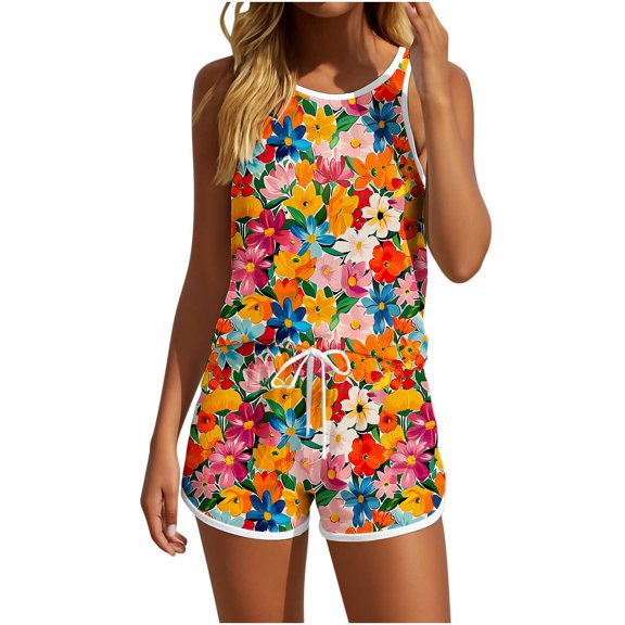 Fmbrln Womens Summer 2 Piece Sets Casual Floral Print Crew Neck Sleeveless Tank Tops and Drawstring Elastic Waist Shorts Sets Lounge Sets Multicolor S