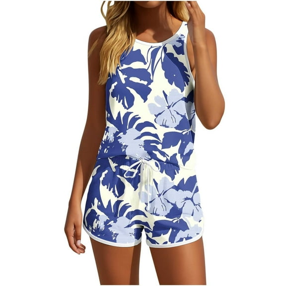 Fmbrln Womens Summer 2 Piece Sets Casual Floral Print Crew Neck Sleeveless Tank Tops and Drawstring Elastic Waist Shorts Sets Lounge Sets Blue M