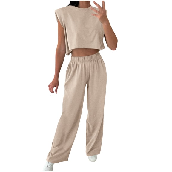 Fmbrln Womens Summer 2 Piece Sets Casual Solid Color Crew Neck Sleeveless Shoulder Padded Tank Tops and Elastic Waist Sweatpants Sets Lounge Sets Beige S