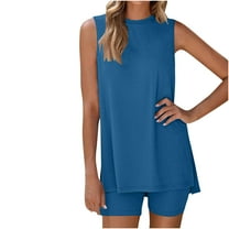 Fmbrln Womens Summer 2 Piece Sets Casual Solid Color Crew Neck Sleeveless Side Slit Tank Tops and Shorts Sets Lounge Sets Blue XL