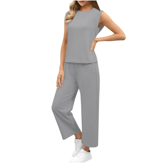 Fmbrln Womens Summer 2 Piece Sets Casual Solid Color Crew Neck Sleeveless Tank Tops and Straight Leg Pants Sets Lounge Sets Gray M