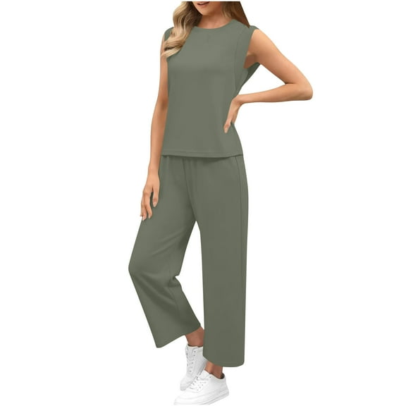 Fmbrln Womens Summer 2 Piece Sets Casual Solid Color Crew Neck Sleeveless Tank Tops and Straight Leg Pants Sets Lounge Sets Green 2XL