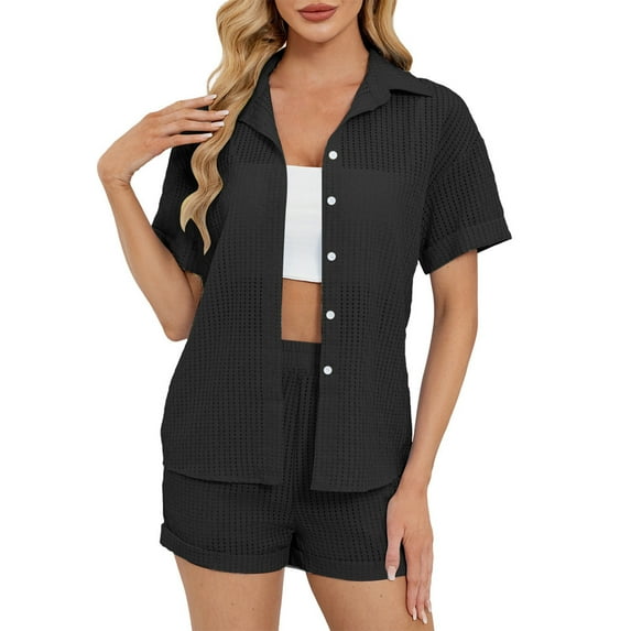 Fmbrln Womens Summer 2 Piece Sets Casual Solid Color Turndown Collar Button Short Sleeve Shirts and Elastic Waist Shorts Sets Lounge Comfy Home Outfits Black L
