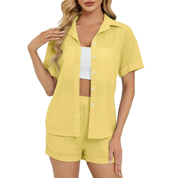 Fmbrln Womens Summer 2 Piece Sets Casual Solid Color Turndown Collar Button Short Sleeve Shirts and Elastic Waist Shorts Sets Lounge Comfy Home Outfits Yellow S