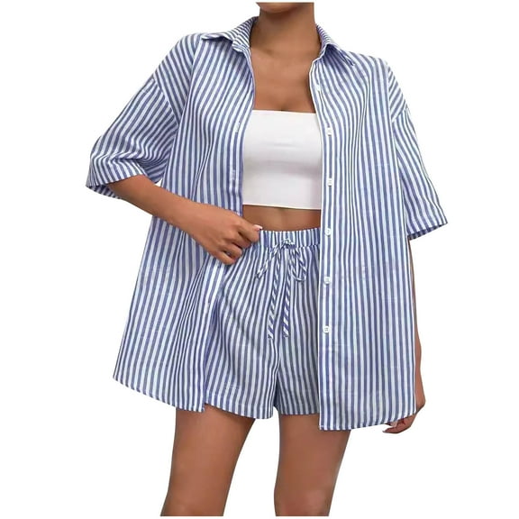 Fmbrln Womens Summer 2 Piece Sets Casual Stripe Print Turndown Collar Button Short Sleeve Shirts and Drawstring Elastic Waist Shorts Sets Lounge Vacation Outfits Blue XL