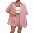 thumbnail image 1 of Fmbrln Womens Summer 2 Piece Sets Casual Stripe Print Turndown Collar Button Short Sleeve Shirts and Drawstring Elastic Waist Shorts Sets Lounge Vacation Outfits Red L, 1 of 5