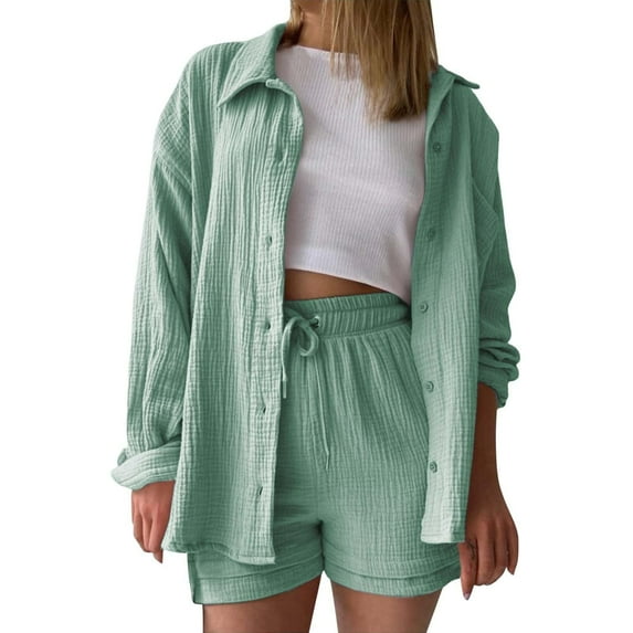 Fmbrln Womens Summer 2 Piece Sets Casual Turndown Collar Button Long Sleeve Shirts and Drawstring Elastic High Waist Shorts Sets Lounge Sets Mint Green XL