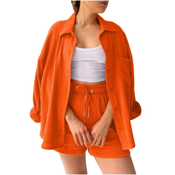 Fmbrln Womens Summer 2 Piece Sets Casual Turndown Collar Button Long Sleeve Shirts and Drawstring Elastic High Waist Shorts Sets Lounge Sets Orange S