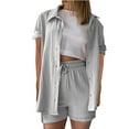 thumbnail image 1 of Fmbrln Womens Summer 2 Piece Sets Casual Turndown Collar Button Short Sleeve Shirts and Drawstring Elastic High Waist Shorts Sets Lounge Outfits Gray 2XL, 1 of 5