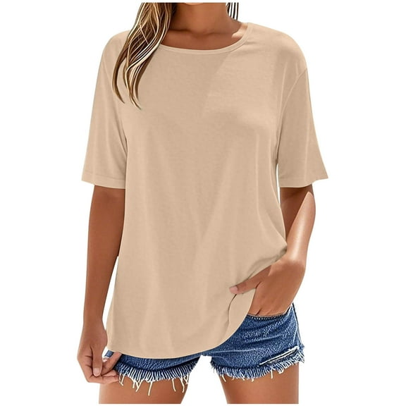 Fmbrln Womens Summer Basic Short Sleeve Tops Fashion Crew Neck Casual Loose Solid Color T-Shirts Soft Comfy Tees Beige L