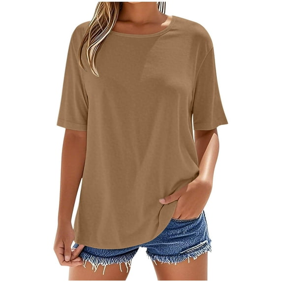 Fmbrln Womens Summer Basic Short Sleeve Tops Fashion Crew Neck Casual Loose Solid Color T-Shirts Soft Comfy Tees Coffee S