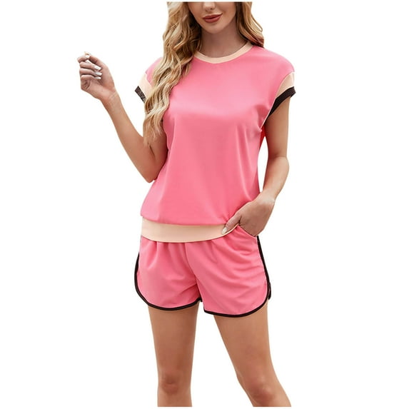 Fmbrln Womens Summer Casual 2 Piece Sets Fashion Color Block Crew Neck Short Sleeve Tops and Drawstring Elastic Waist Shorts with Pockets Sets Comfy Lounge Outfits Pink XL
