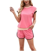 Fmbrln Womens Summer Casual 2 Piece Sets Fashion Color Block Crew Neck Short Sleeve Tops and Drawstring Elastic Waist Shorts with Pockets Sets Comfy Lounge Outfits Pink XL