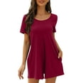 thumbnail image 1 of Fmbrln Womens Summer Casual Rompers Short Sleeve Crew Neck Solid Color Short Jumpsuit with Pockets Wine L, 1 of 5