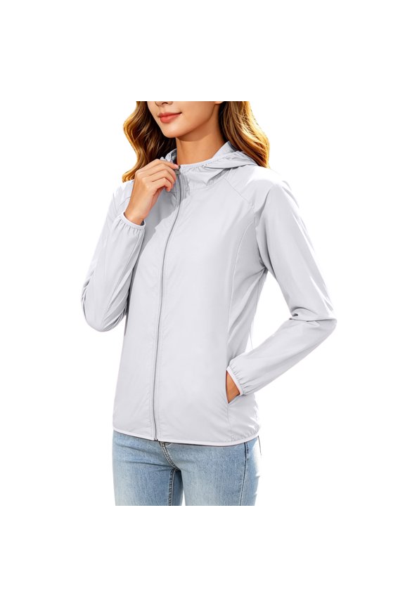 Womens Summer Casual Sun Protection Jacket Solid Color Long Sleeve Zip-Up Hooded Sun Shirts with Pockets