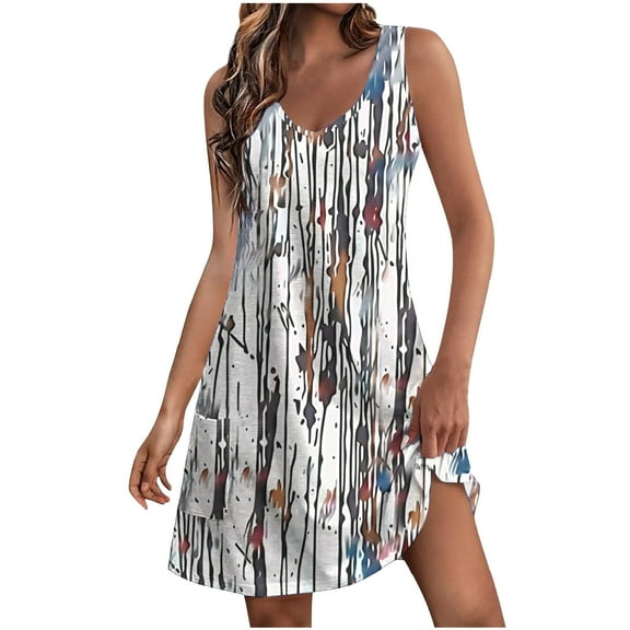 Fmbrln Womens Summer Casual Tank Dress V Neck Sleeveless Mini Dress Holiday Beach Sundress Fashion Boho Floral Print Dress with Pockets