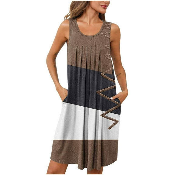 Fmbrln Womens Summer Dress Casual Sleeveless Pleated Color Block Sundress Holiday Beach Midi Dress with Pockets