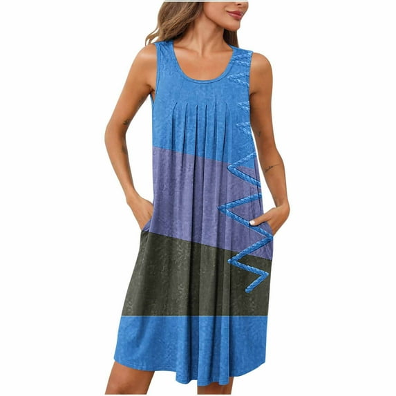 Fmbrln Womens Summer Dress Casual Sleeveless Pleated Color Block Sundress Holiday Beach Midi Dress with Pockets