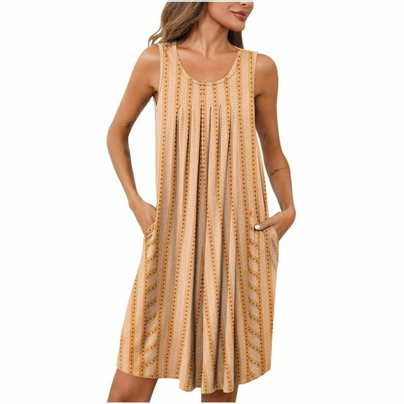 Fmbrln Womens Summer Dress Casual Sleeveless Pleated Striped Print Sundress Holiday Beach Midi Dress with Pockets