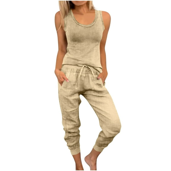 Fmbrln Womens Summer Linen 2 Piece Sets Casual Crew Neck Sleeveless Tank Tops and Drawstring Elastic Waist Pants Sets Lounge Vacation Sets Khaki XL