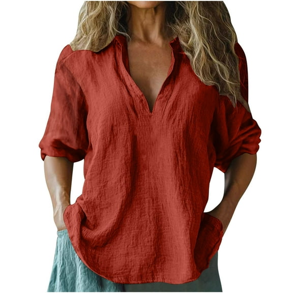 Fmbrln Womens Summer Linen 3/4 Sleeve Tops Casual V Neck Solid Color Shirts Vacation Beach Blouse Red M