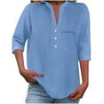 thumbnail image 1 of Fmbrln Womens Summer Linen 3/4 Sleeve Tops Fashion Casual V Neck Button Solid Color Shirts Comfy Loose Blouse with Pockets Blue XL, 1 of 5