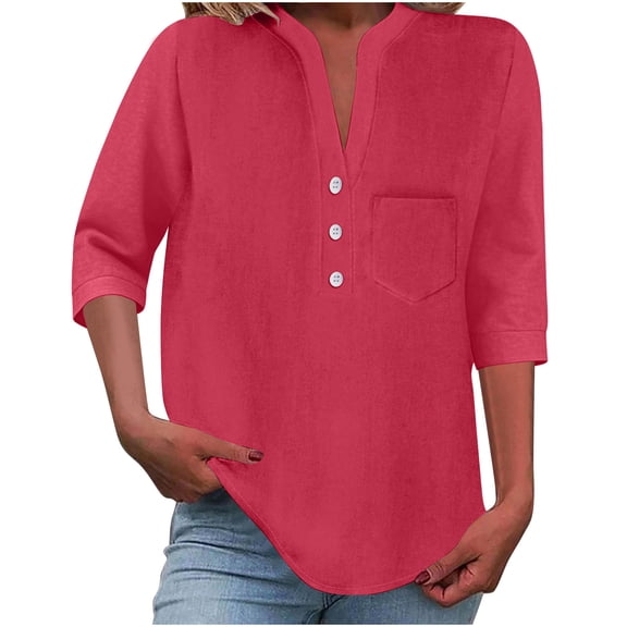 Fmbrln Womens Summer Linen 3/4 Sleeve Tops Fashion Casual V Neck Button Solid Color Shirts Comfy Loose Blouse with Pockets Red S