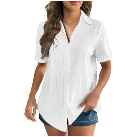 Fmbrln Womens Summer Linen Rolled Cuffed Short Sleeve Shirts Fashion V Neck Button Tops Casual Loose Solid Color Beach T-Shirts Blouse