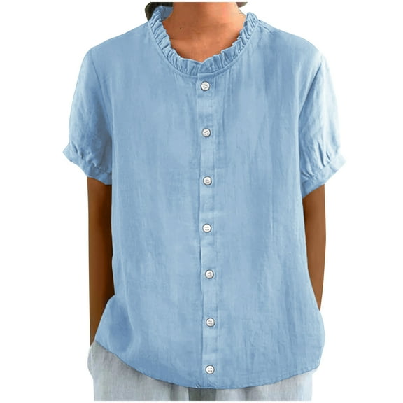 Fmbrln Womens Summer Linen Short Sleeve Shirts Fashion Crew Neck Button Tops Casual Loose Solid Color T-Shirts Blouse