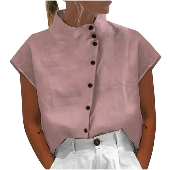 Fmbrln Womens Summer Linen Short Sleeve Shirts Fashion Stand Up Collar Button Business Tops Casual Loose Solid Color Tees Blouse
