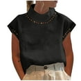 thumbnail image 1 of Fmbrln Womens Summer Linen Short Sleeve T-Shirts Fashion Stand Up Collar Lace Breathable Tops Casual Loose Solid Color Tees Blouse, 1 of 5