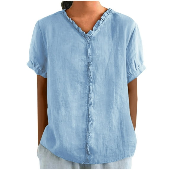 Fmbrln Womens Summer Linen Short Sleeve Tops Fashion V Neck Solid Color Shirts with Frill Casual Loose Comfy Tees Blouse